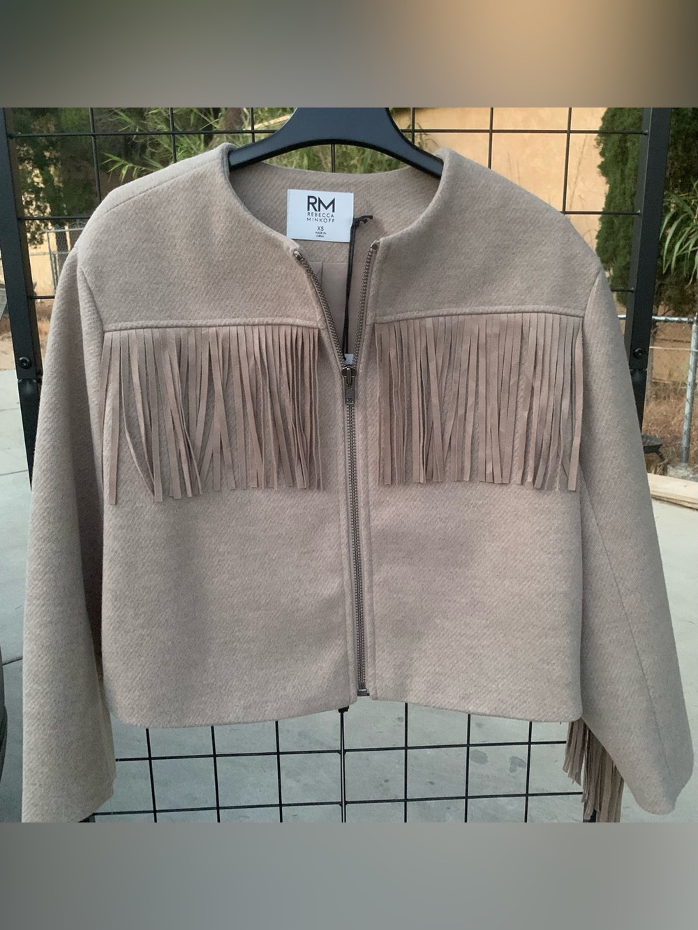 NWT Rebecca Minkoff Oat color Fringe Zip Jacket Size:Large